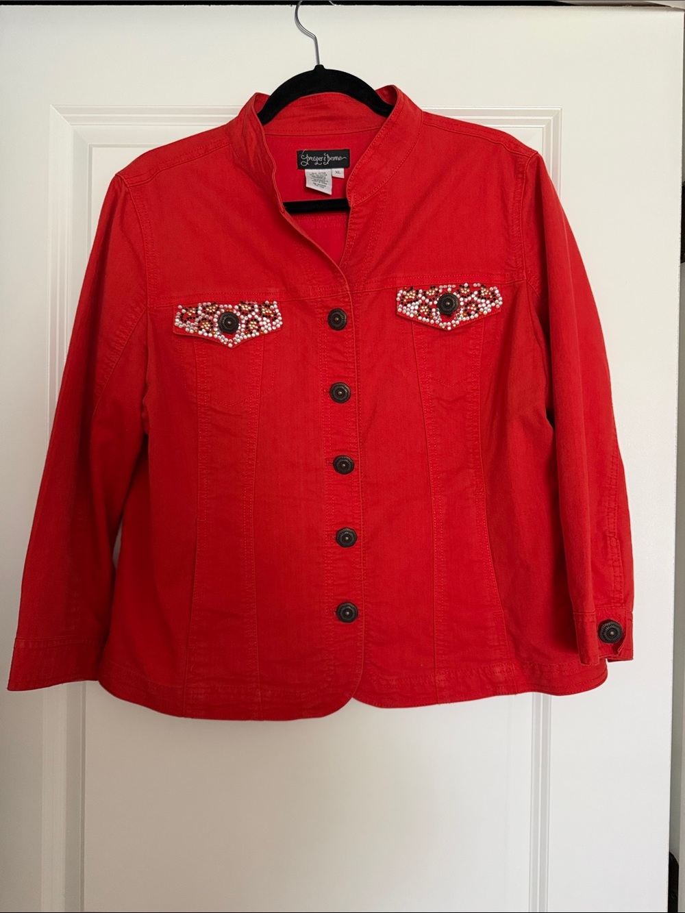 VINTAGE Prosper & Divine Western Red Beaded-Trim Jean Jacket